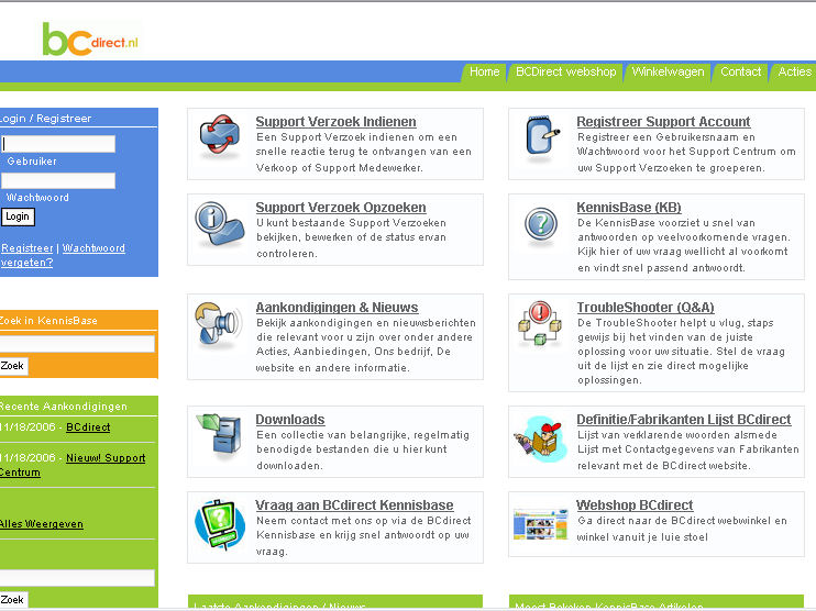 bcdirect frontpage van de supportcentrum support desk